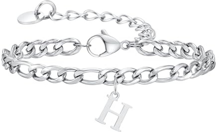 Bishilin Edelstahl Armband für Herren, Armbänder Männer mit Anhänger Buchstabe H Gliederarmband Partnerarmband Personalisiert Charm Armband 23CM Silber