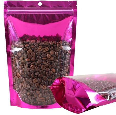 Confezione da 100 sacchetti a prova di odore, richiudibili, in Mylar con finestra trasparente, sacchetti in alluminio autoportanti per la conservazione degli alimenti, resistenti ai graffi (viola, 9 x