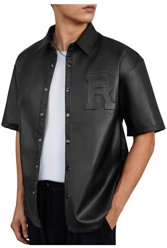 SHENHE Men's PU Leather Button Down Short Sleeve Shirt Collared Dressy Fashion Top Streetwear Black X-Large