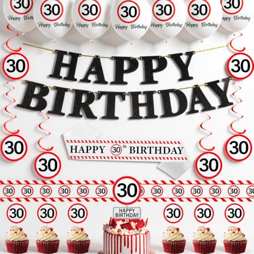 Verkehrsschild Deko 30 Geburtstag Mann Frauen - 30. Geburtstagsdeko Ballons Happy Birthday Girlande, Schärpe und Lange Absperrband zum 30 Jahre Geburtstagsfeier