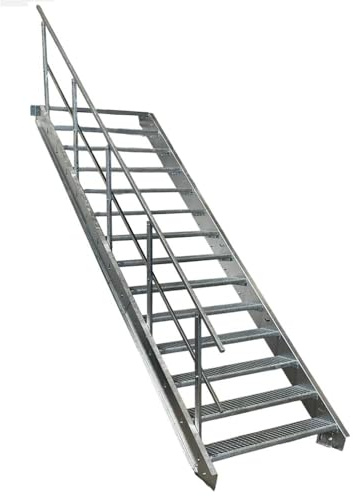 SRM Design 14 Stufen Stahltreppe Breite 80cm verzinkt 1x Geländer | Geschosshöhe 210-280cm Robuste Außentreppe Wangentreppe Stabile Industrietreppe für den Außenbereich