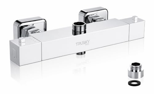 TruSky Pro Thermostatic Shower Mixer Bar, Twin Outlet with 3/4 G Top Outlet and 1/2 G Bottom Outlet, Brass, Chrome Finish, Wall-Mounted, Square Shower Mixer Bar