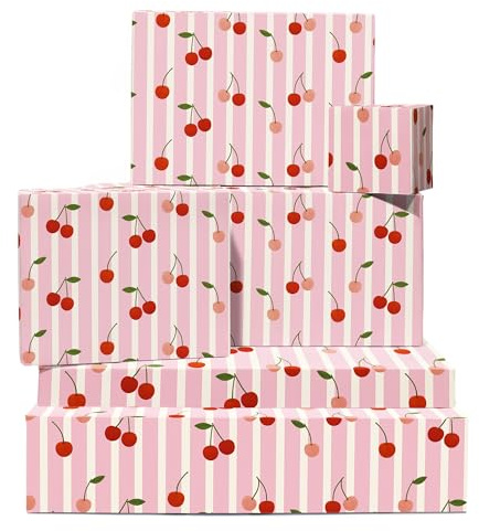 Papel de regalo de cereza, 6 hojas de papel de regalo para mujeres, niñas o amigas, cumpleaños, fiesta de verano, baby shower, boda, fruta roja con rayas rosas, viene con etiquetas Central 23