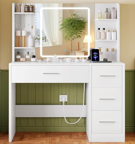 TEENFON Toeletta Trucco con Specchio LED, 3 con Luminosità Regolabile | Postazione Trucco con 4 Ripiani Apert, Bianco, LED Luci,Presa, 4 Cassetti, 5 Ganci per Gioielli