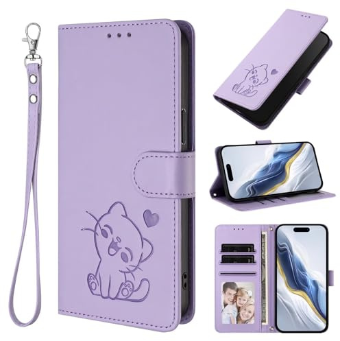 TUUNKMUY för Cricket Debut S3 fodral, flip PU-läder präglad katt stötsäker bokplånbok fodral med stativ magnetisk folio TPU stötfångare gel skyddande telefonskydd för cricket debut S3 ljuslila