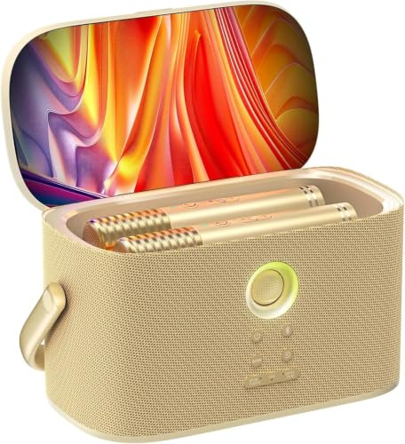 Máquina de karaoke Ikarao para adultos, con pantalla de visualización de letras, 2 micrófonos inalámbricos autocargables, Autotune y EQ, altavoz de 140W, conectividad con TV, sistema de karaoke