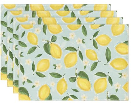 Artoid Mode Zitrone Blumen Blätter Sommer Platzsets 4er Set, 30x45cm Urlaub Tischsets Waschbar Platzdeckchen Küche Party Deko
