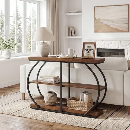 LITTLE TREE 105 cm Konsolentisch, industrieller 3-stufiger Sofatisch hinter dem Sofa, Flurtisch, Eingangstisch mit gewölbtem Metallrahmen und Ablageflächen für Wohnzimmer, Eingang, rustikales Braun