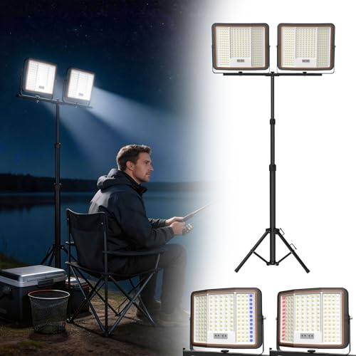UISEBRT 2x300W LED Baustrahler Akku mit Stativ & 2M Typ-C Kabel,360° Drehbar,3 Lichtmodi,116-182cm höhenverstellbar,Kaltweiß IP66 Wasserdicht Strahler für Garage Werkstatt Baustelle