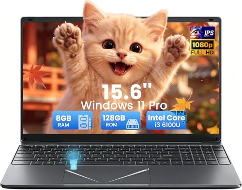 Kayoote Computer Portatile 15.6 Pollici, Processore i3-6100U Laptop Business, 8GB DDR3 128GB SSD PC Studenti, Win 11 Pro, Impronta Digitale, USB 3.0, HDMI, WiFi, BT, Tastiera Retroilluminata RGB