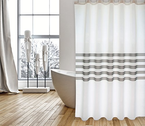 MSV Cotexsa by Premium Anti-Schimmel Textil Duschvorhang - Anti-Bakteriell, waschbar, 100% wasserdicht, mit 12 Duschvorhangringen - Polyester, „Jessen“ Weiß Grau 180x200cm – Made in Spain