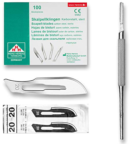 Set avec 100 x lames de scalpel N° 20 - Lame stérile en acier au carbone et 1 x manche de scalpel Figure N° 4 avec manche rond en acier inoxydable