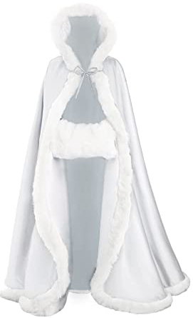 BEAUTELICATE Mantello con Cappuccio Donna Mantella Lungo Pelliccia Sintetica Raso da Sposa con Mano Manicotto per Matrimonio Invernale Hallween Natale Carnevale Cosplay (Argento, 140cm)