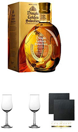 Dimple Golden Selection Blended Scotch Whisky 0,7 Liter + 2 Bugatti Nosing Gläser mit Eichstrich 2cl und 4cl + 2 Schiefer Glasuntersetzer eckig ca. 9,5 cm Ø