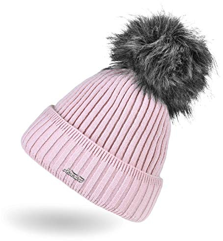 Neverless® Damen Strick-Mütze gefüttert Fell-Bommel Kunstfell Bommelmütze Umschlag Rippenmuster rosa