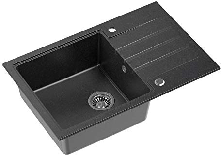 VBChome Spüle 78 x 50 cm Tiefes Becken 20cm Schwarz Küche Große Abtropfflache Einbauspüle Verbundspüle Unterschränke ab 55 cm Küchenspüle Einzelbecken + Siphon