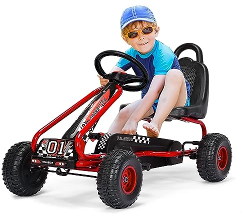 DREAMADE Gokart mit Handbremse & verstellbarem Sitz, Tretauto Tretfahrzeug mit geschlossenem Kettenkasten & Vor- und Rückwärtsgang, Pedal Go Cart für Kinder 3-6 Jahren, bis 30 kg belastbar (Rot)
