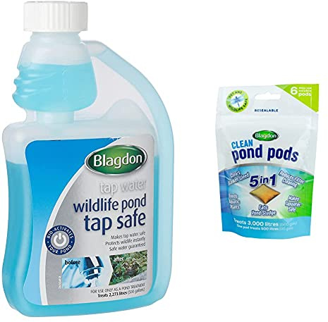 Blagdon Wildlife Pond Tap Safe, Makes Tap Water Safe, 250ml, Treats 2,273 Litres of water & Clean Pond Pods, clears blanket weed, reduces filter cleaning, feeds aquatic plants (pack of 6 pods)
