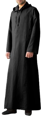 YAOHUOLE Mens Kaftan Abaya Islamic Causal Drawstring Hood Soft Dubai Arab Jalabiya Gown Butto Down Robes Black L