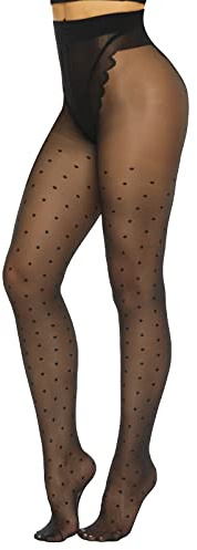 MANZI Patterned Tights Sheer Pantyhose for Women 20 Denier Stockings Black One Size with Polka Dot