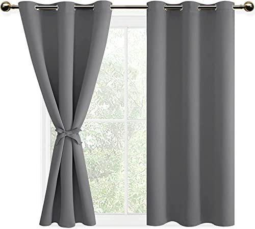 DWCN Grey Blackout Curtains for Bedroom, 46 Wide x 54 Drop with Tiebacks Thermal Insulated Solid Eyelet Curtains for Living Room,2 Panels