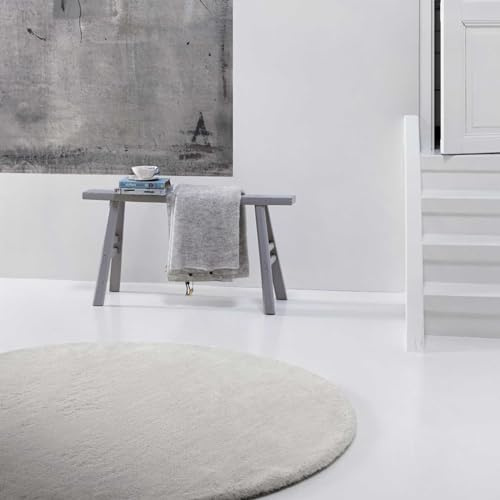 Homie Living Vita Hochflorteppich, 100 cm rund, hellgrau | kuscheliger & Flauschiger Hochflor-Teppich für Wohnzimmer, Kinderzimmer, Schlafzimmer mit Kaninchenfell- Haptik