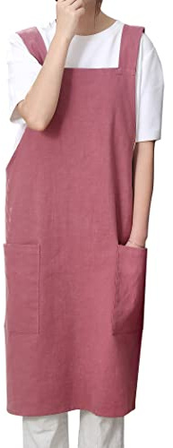 Pincy Cotton Linen Apron for Women - No-ties Cross Back Apron with Pocktes, Great for Florist, Coffee House and Kitchen