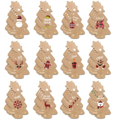 Homievar 48 PCS Christmas Tags Gift for Presents Kraft Paper Hang Labels with Red and Black Plaid Tree Shape DIY Craft Xmas Package Tag & 32 Feet Twine Rope Wrap