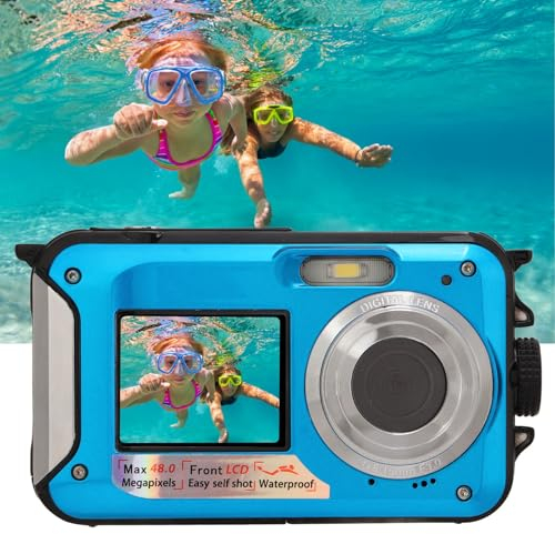 Appareil Photo Numérique étanche, Full HD 2.7K 48MP 10ft Appareil Photo Numérique sous-Marin étanche Zoom Numérique 16X Double écrans Avant Arrière (Bleu)