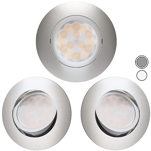 Scandinavian home 3er Set LED Spot 230V Dimmbar WarmDim 5,8W Warmweiß Schwenkbar 68mm - 75mm I Badezimmer IP44 I CRI 90 500lm 3000K I Edelstahldesign I LED Einbaustrahler Deckeneinbauleuchte flach