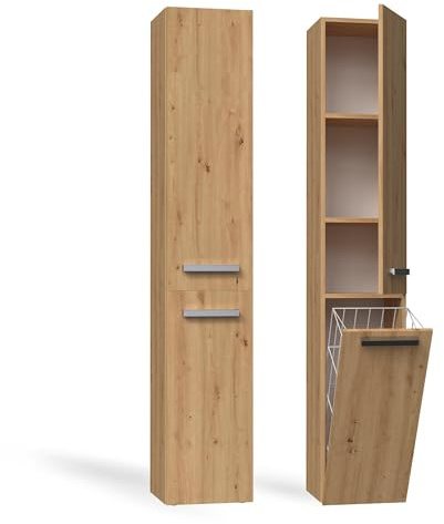CDF Badezimmerschrank Badschrank Schmal Hoch, Bad-Hochschrank 1 Wäschekorb | Breite: 31 cm, Badezimmermöbel Aufbewahrungsschrank für kleine Räume Badmöbel WC Eiche Artisan/Anthrazit 30x31x174 cm