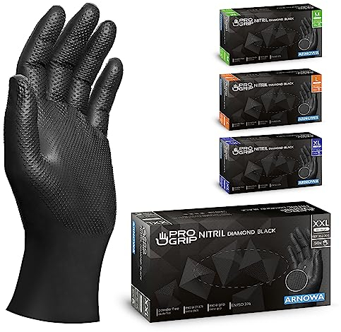 PROGRIP Einweghandschuhe Diamant Grip, Schwarz, Einmalhandschuhe Extra Stark, Nitrilhandschuhe Gr. XXL, 2x dicker, Handschuhe Einweg, Arbeitshandschuhe für Werkstatt & Montage, 50 Stk/Box