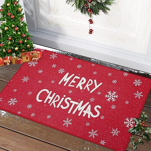 CAROMIO Non-Slip Doormat for Kitchen, Bedroom, Living Room - Christmas Decorative Welcome Mat Indoor & Outdoor - White Printed Merry Christmas Red Rug 50 x 80 cm