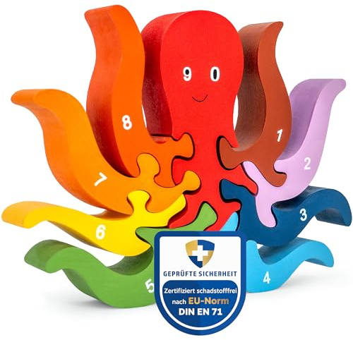 WIESEN.design Zahlen Puzzle Kleine Krake, Montessori Spielzeug ab 3 Jahre, DIN EN71 geprüft und nachhaltig verpackt, Holzpuzzle Kinder, Puzzle ab 3 Jahre, Motorikspielzeug und Zahlen Lernen