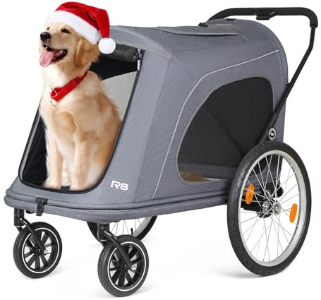Beberoad Pets R8 Pro Extra Large Foldable Pet Stroller, Dog Stroller & Pet Trailer for Large Dogs Under 100 lbs, Unmovable, Disabled & Pregnant Dogs - Conveniently Carriable by Bike and Car, Grey