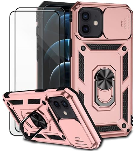 Dechyi Cover per iPhone 12 mini con Vetro Temperato Custodia con Scorrevole Protezione Fotocamera Custodia Rotante Anello Supporto Antiurto TPU Bumper Custodie-Rosa