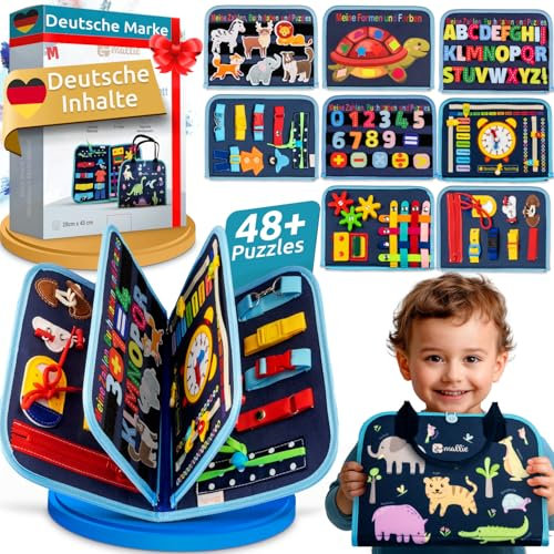 Mallie® Busy Board Deutsch inkl. Gratis Reisetasche & Montessori Buch und Perfekt für Reisen im Auto, Zug oder Flugzeug I100% BPA-Frei als Quiet Book & Busy Book I Activity Board Busy Book