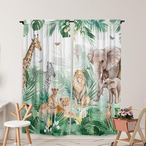 Yilinata Fenstervorhänge mit Dschungeltieren, für Kinder, Jungen, Mädchen, Palmen, Afican, Safari-Vorhang für Baby, Wohnzimmer, Schlafzimmer, Kinderzimmer, Kleinkind, Zuhause, Stangentaschen,