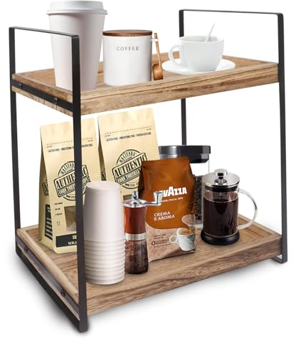 Gzsekken 2 Tier Coffee Bar Accessories Organiser, Wooden Kitchen Counter Shelf, Standing Coffee Station and Organiser