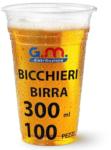 G.M. DISTRIBUZIONE 100 Bicchieri Birra da 300ml in PET Trasparente, Bicchieri Usa e Getta per Birra tacca 2,5cl, Bicchieri Monouso per Bar e Lounge Bar