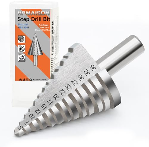 HPMAISON HSS 4341 Stufenbohrer, 10mm 3-Flach-Schaft Hochgeschwindigkeitsstahl Stufenbohrer (Ø 5-35mm, 13 Stufen) für Metall, Holz, Kunststoffe, Profi HSS 4341 Konusbohrer Blechbohrer