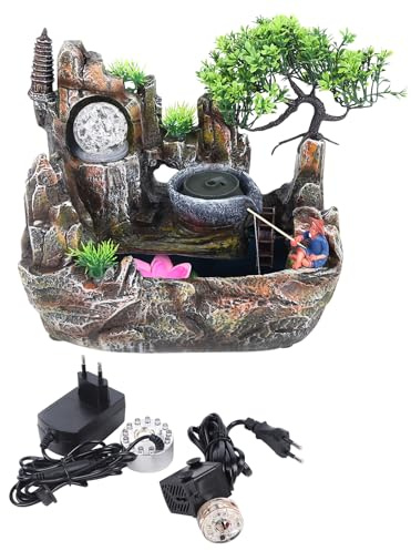 Fontana da interni con illuminazione a LED, fontana verde, fontana da giardino, fontana decorativa da tavolo, cascata con nebbia, 30 x 18 x 26 cm
