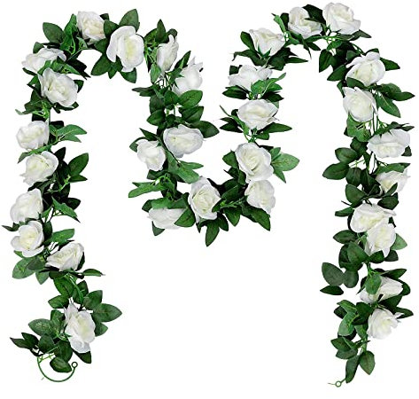 2 Pezzi da 7.8FT Artificiale Finto Ghirlanda di rose viti appese fiori di seta per la decorazione della parete di nozze all'aperto Bedroom (Bianco)