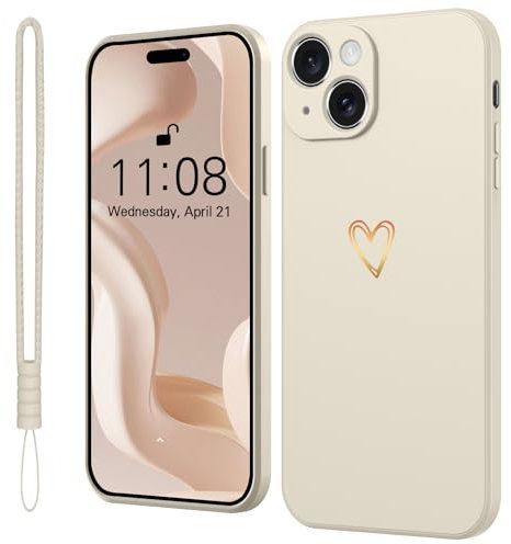 Mitetabo Handyhülle für iPhone 15 Hülle Silikon mit Gold Liebesherz, Mädchen iPhone 15 Case Weich Slim Stoßfest Kratzfeste Süßes Gold Love Schutzhülle für iPhone 15 6.1 Weiß