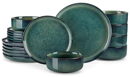 vancasso Plates and Bowls Set, Starry Stoneware Green Crockery Sets for 6 People,18 Piece Ceramic Dinnerware Sets with Dinner Plates, Dessert Plates, and Bowl Set, Dishwasher and Microwave Safe