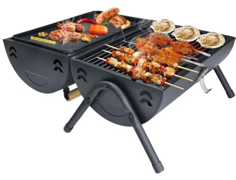 Barbecue portatile a doppio lato a carbonella, griglia da tavolo per cucinare griglia compatta e leggera per picnic e campeggio (nero)