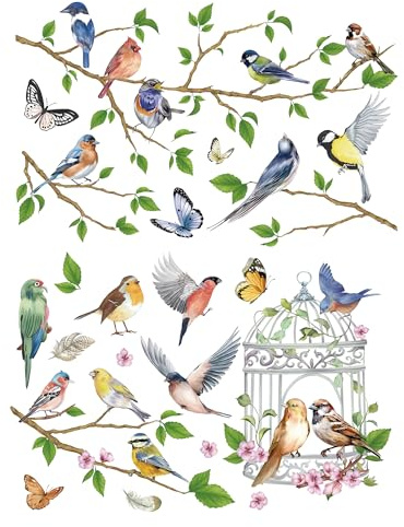 Joeyan Möbelklistermärken, fåglar rub on överföringar för hantverk, 2 stora akvarelldesign 43 x 30 cm, gör-det-själv heminredning på trä glas metall canvas porslin papper plast, fåglar på grenarna