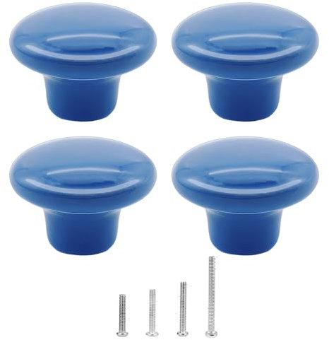 4 Pièces Bouton de Meuble en Céramique Ronde 32mm - Boutons de Portes pour Placards - Poignee De Meuble Cuisine avec 4 Tailles de Vis, Bleu