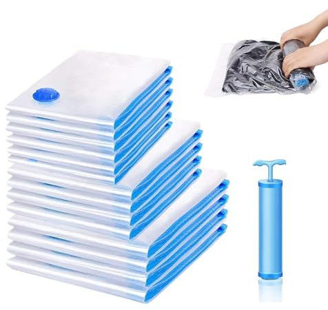 Vakuumbeutel für Kleidung 10 Stück 2 Jumbo 100x80cm 4 Groß 80x60cm 4 Kleine 60x40cm 1 Handpumpe,Vakuumbeutel für Bettdecken Bettwäsche Kissen,vakuumierbeutel Reise und Alltag-Kompressionsbeutel Vacuum