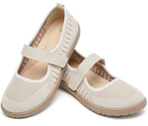 Waluzs Wide Toe Box Flats Shoes Women Knit Ballet Flats Mary Jane Dress Flat Wide Width Walking Shoes Slip-on with Strap (Apricot,US6)